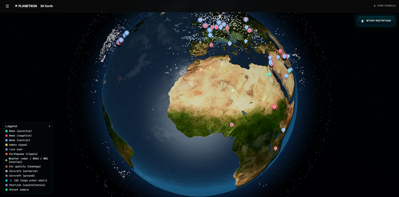 Planetron 3D Earth view with side layer menu closed